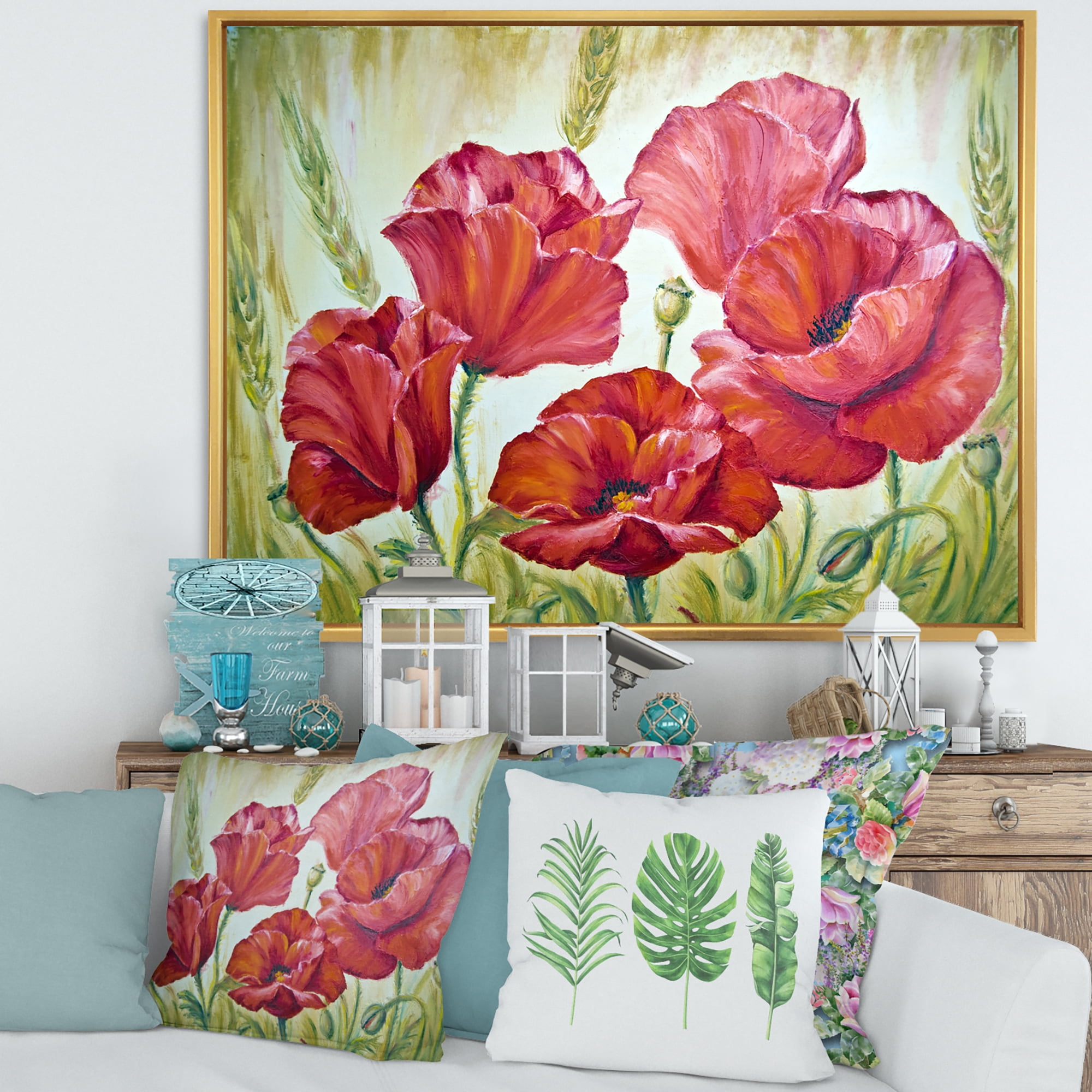 Designart 'Blossoming Red Poppies In The Morning' Traditional Framed Canvas Wall Art Print