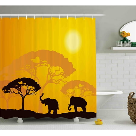 Safari Shower Curtain, African Wildlife Animals Elephants Sun Beams Trees Print Art, Fabric Bathroom Set with Hooks, Earth Yellow Marigold Dark Brown, by Ambesonne