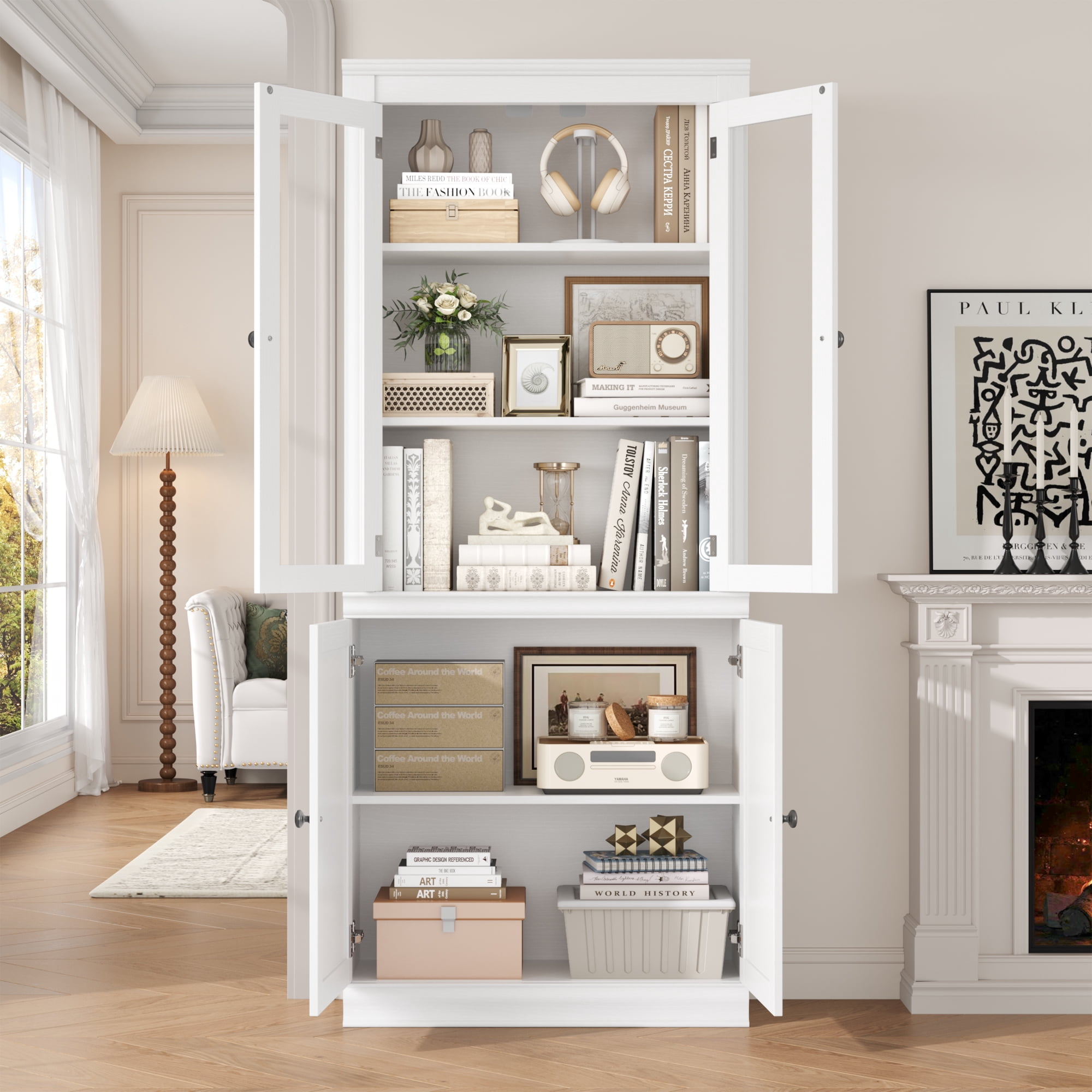 Homfa 71"H Bookcase with Glass Doors, 5 Tier Storage Bookshelf with Adjustable Shelf for Study Home Office, White