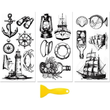 Rub on Transfer Decal Sticker for Furniture Craft Decor 6"x12" Black Nautical Elements 3Pcs Waterproof UV DTF Transfer for Drawer Dresser Glass Porcelain Wood Plastic Window