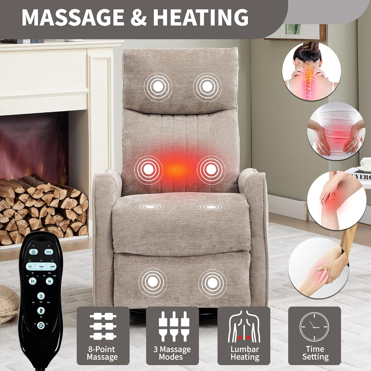 High Back Manual Recliner Chair with Heat & Massage, Swivel Rocker for Living Room Bedroom, khaki