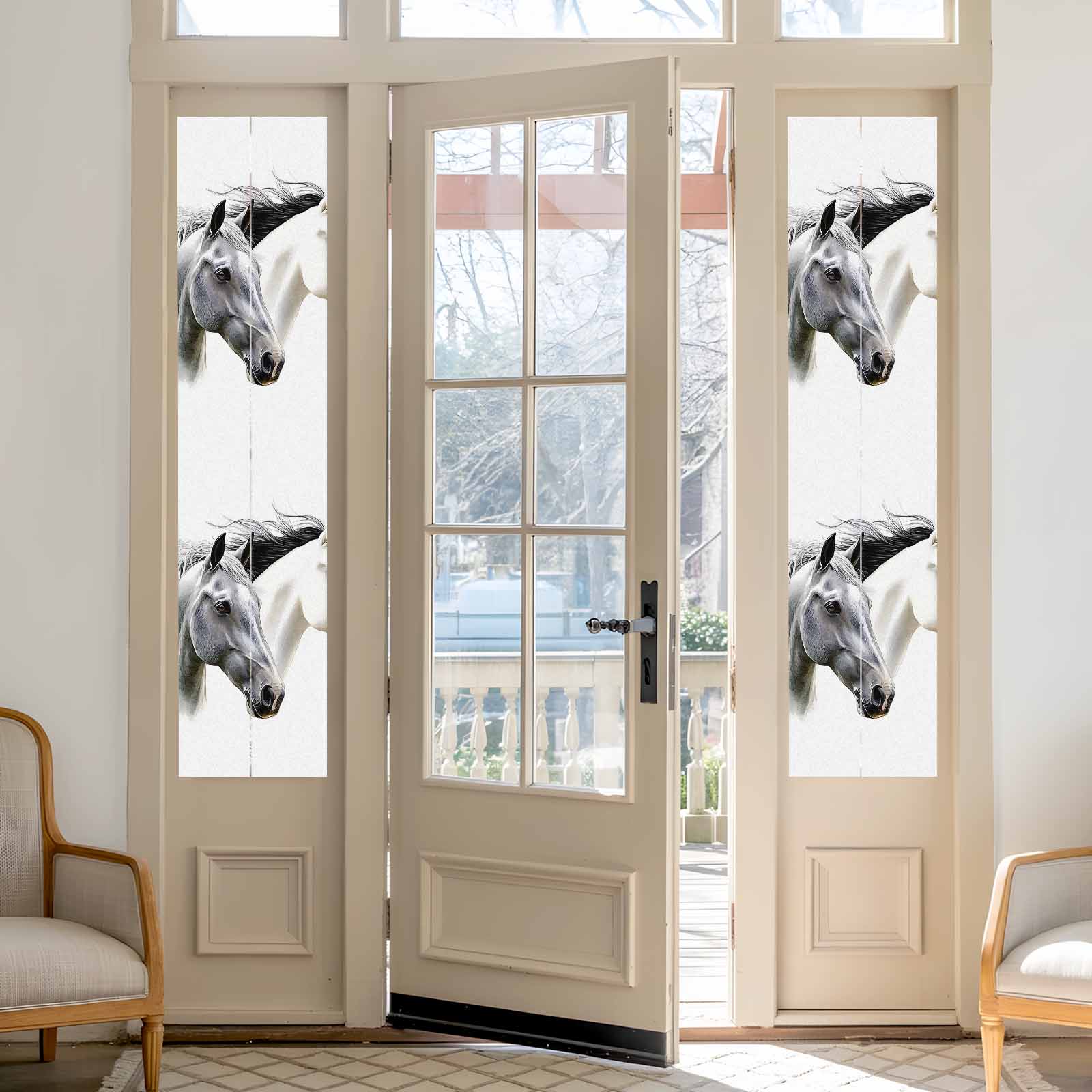 Horse Print Window Privacy Film, Modern Watercolor Grey White Animals Static Cling UV Sun Blocking Heat Control Window Tint Day and Night, Non-Adhesive One Way Windows Privacy Cover 17.7''x78.7''