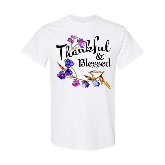 Inktastic Thankful and Blessed Inspirational Saying with Flowers T-Shirt