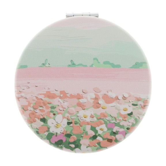 Unique Bargains 1 Pc Women Round Hand-drawn Makeup Mirror for Travel Vacation Green Pink Metal PU Glass