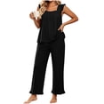 thumbnail image 6 of Elvqul Loose Fit Sleeveless Square Neck Knit Fabric Long Pants Ruffled Hem Side Pockets Pajama Set Sleepwear Loungewear Ruffled Hem Pjs Flutter Strap Pjs Ruffle Detail Pajamas, 6 of 7