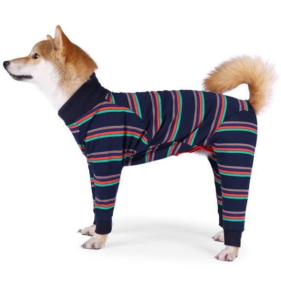 Amztom Dog Surgical Recovery Suit, 4-Leg Modal Pajamas for Male/Female, High Elastic Breathable with Cut Inner Circle for Male, Blue Stripe, XS