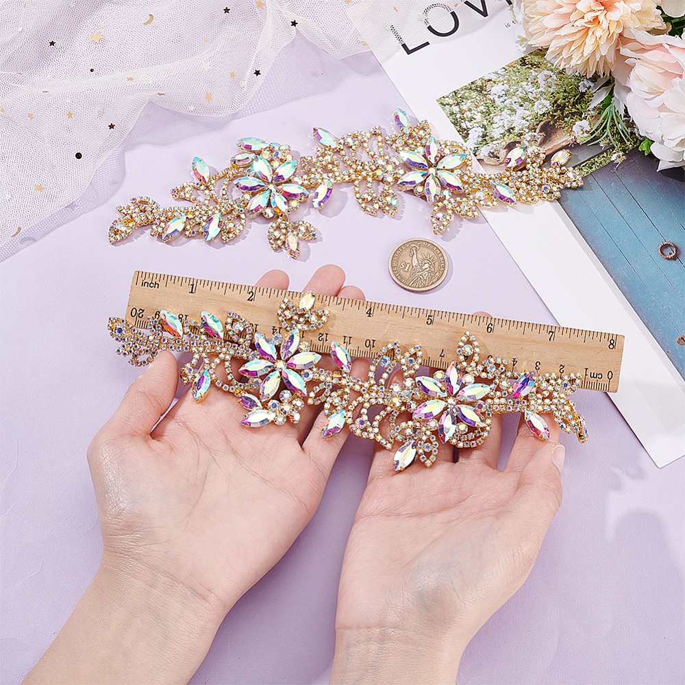 Glass Alloy Embroider Thread Iron on/Sew On Patches Cloth Appliques Flower Golden 220x67x6.5mm DIY