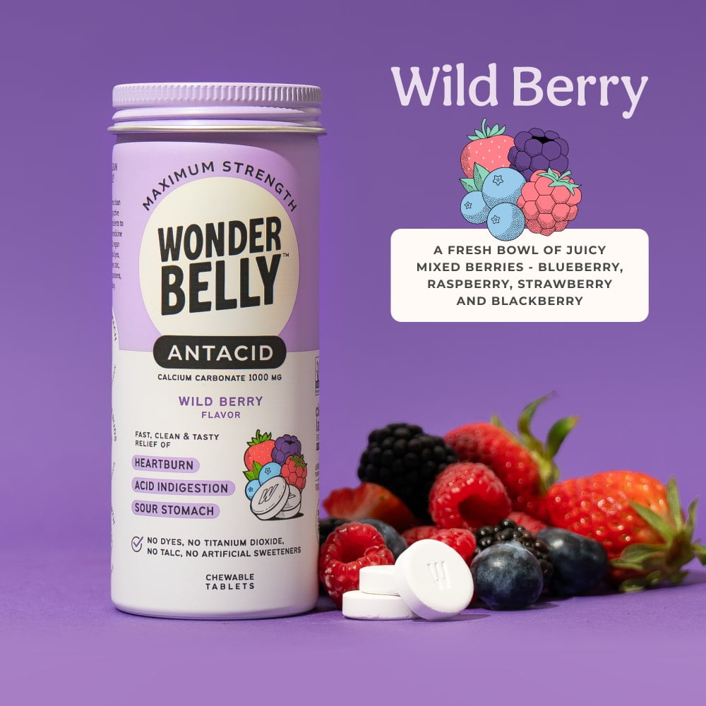 Wonderbelly Heartburn Relief Antacid Tablets, Wild Berry Flavor, 1000 mg, 50 Count