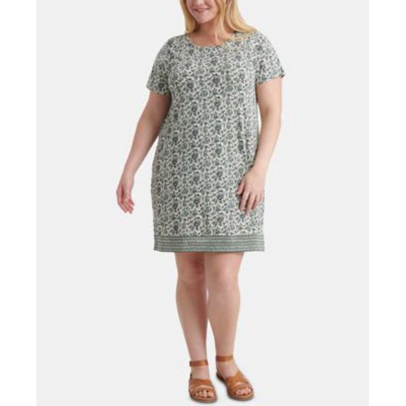 LUCKY BRAND Womens Ivory Floral Short Sleeve Jewel Neck Knee Length Shift Dress Plus Size: 3X