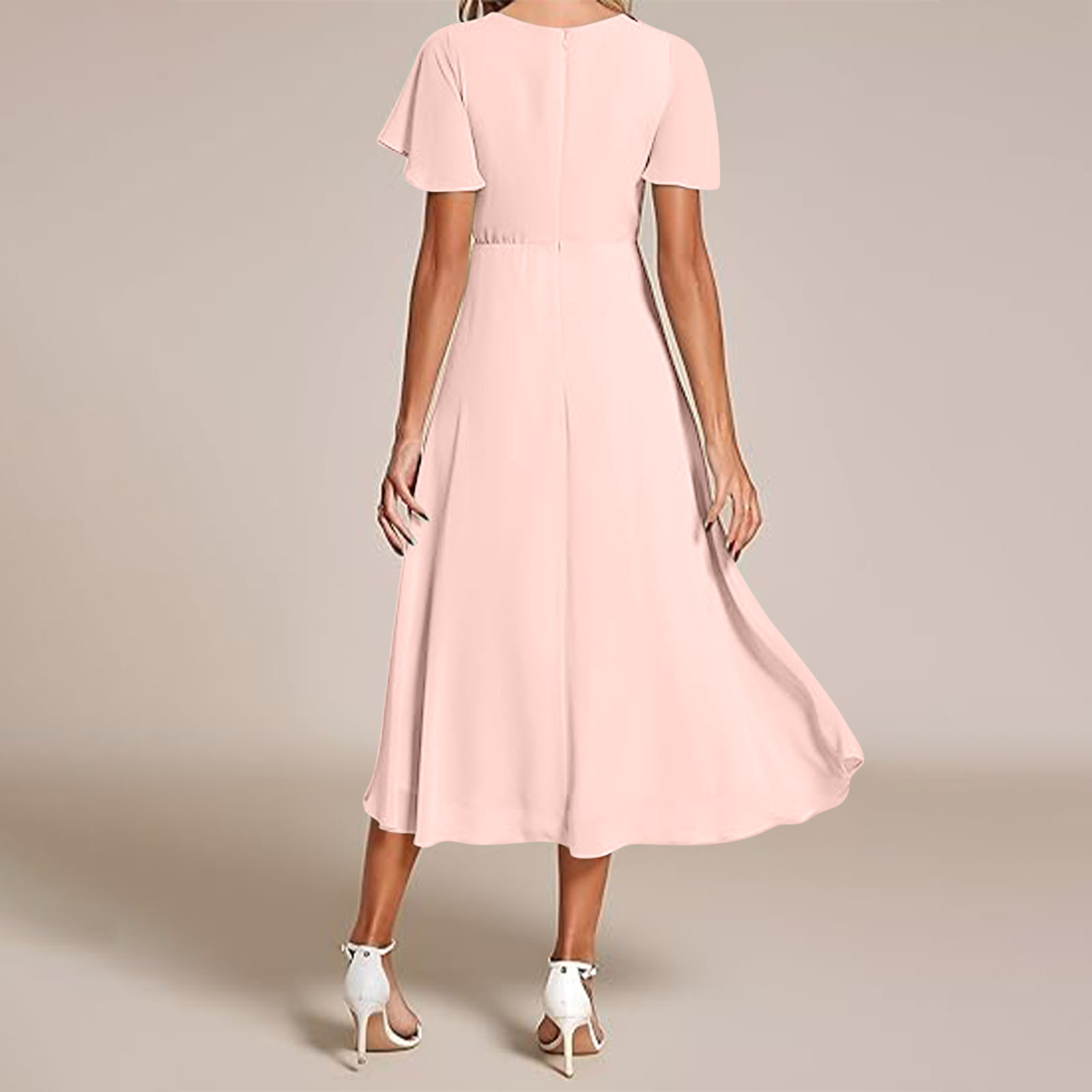 gljltg Women's Solid Color Ruffle Sleeves Pleated V-neck A-line Mid Length Short Sleeve Dress for Women, Girl, Spring, Summer, Suitable for Casual, Daily, Birthday, Dating, Dance