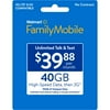 Walmart Family Mobile $39.88 Unlimited Talk & Text Monthly Prepaid Plan (40GB at High Speed, then 2G) with 10GB Mobile Hotspot Direct Top Up