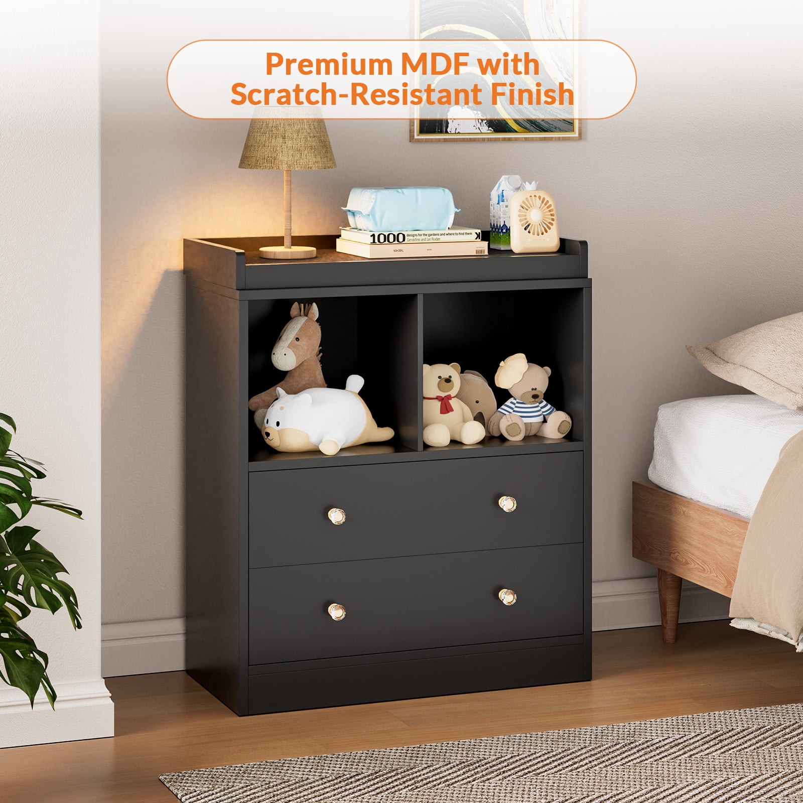 Roromall Changing Table with Pad, 2 Drawers and 2 Open Compartments for Nursery Room with Modern Diaper Changing Station, Bedroom