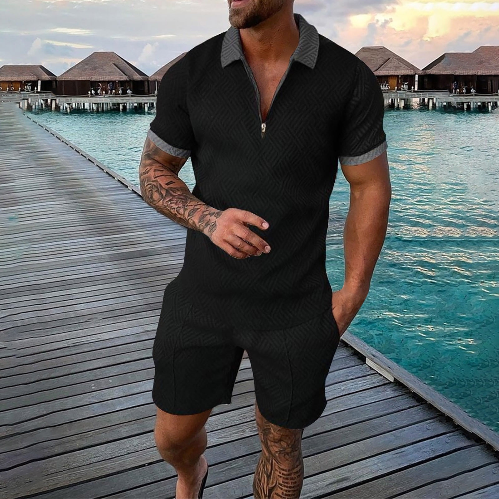 Grey Mens Dress Shirts Men'S Shirt And Shorts Set Summer Outfits Casual