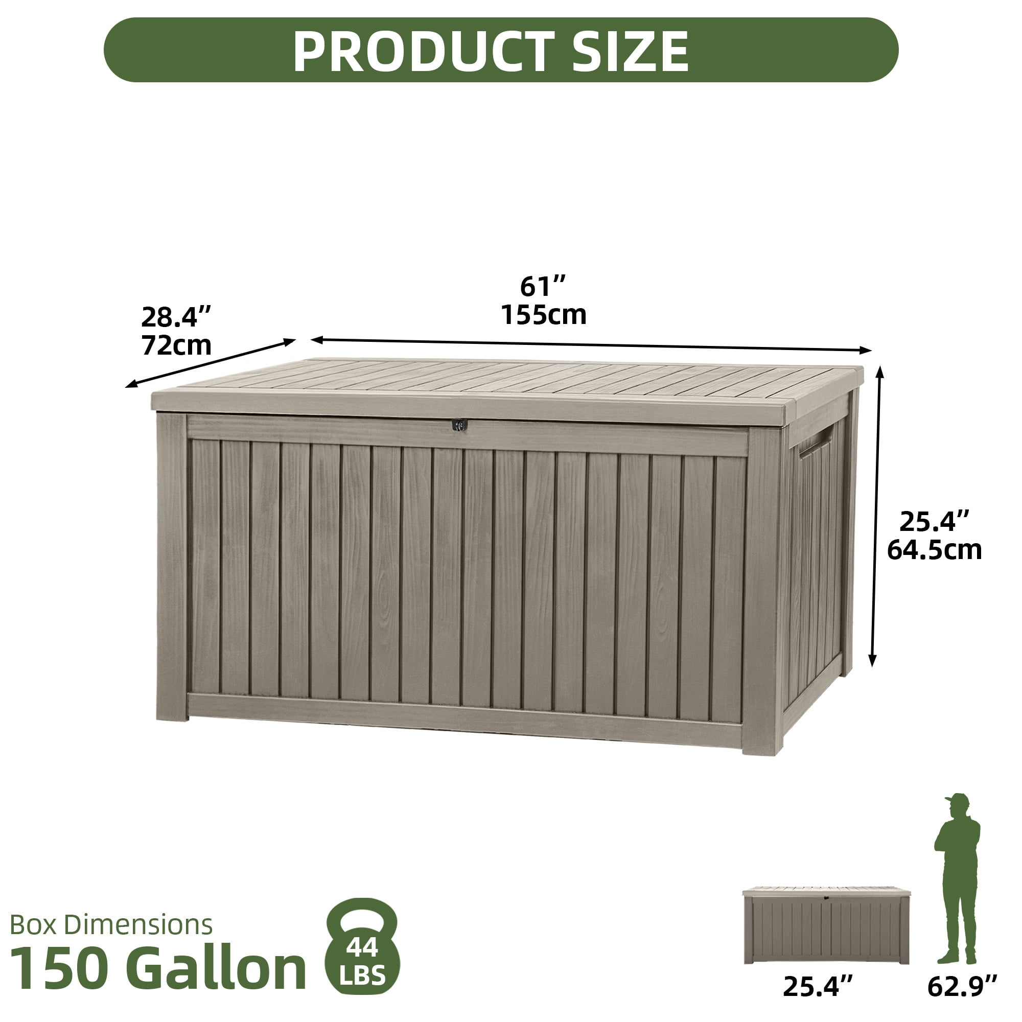 Uforic 150 Gallon Large Outdoor Deck Box, Waterproof Resin Storage with Divider, Lockable, for Patio Cushions Garden Tools Pool Supplies, Light Brown