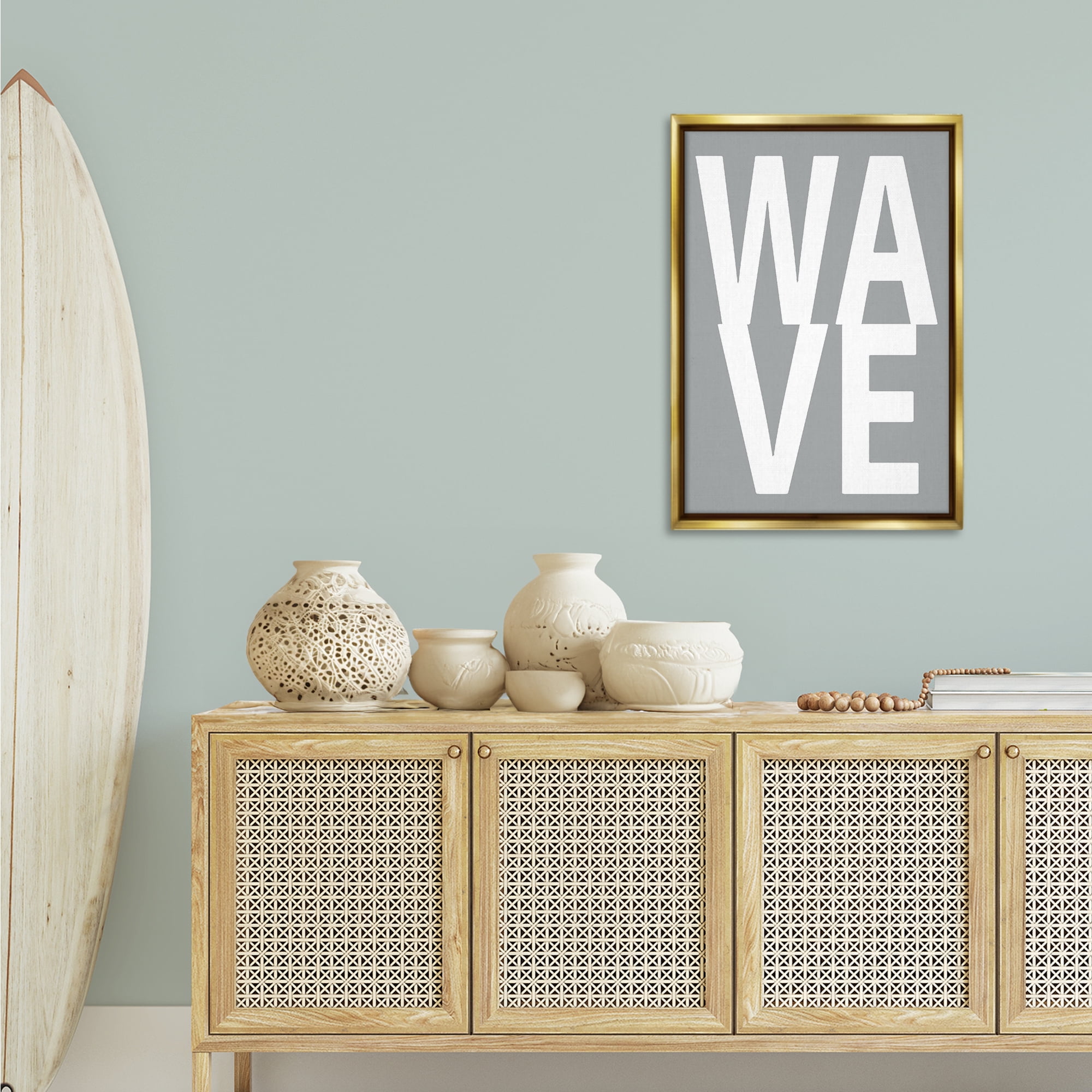 Stupell Industries Wave Word on Grey Typography Painting Gold Floater Framed Art Print Wall Art, 21 x 31