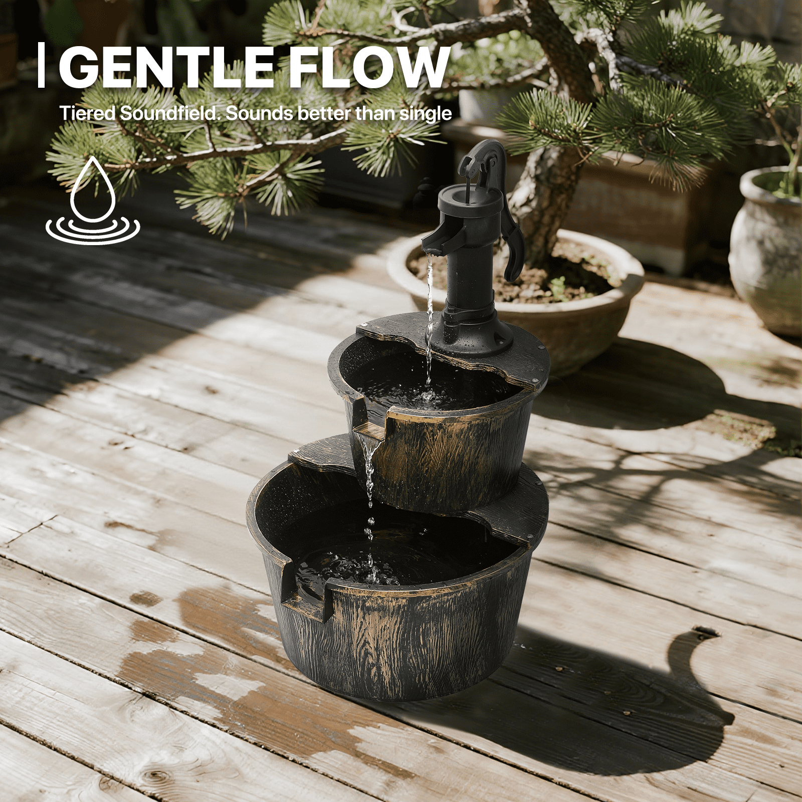 MoNiBloom 2-Tier Barrel and Pump Fountain Outdoor, 27" Tall Cascading Waterfall Fountain with Electric Recirculating Pump for Garden Patio Backyard Decor, Bronze