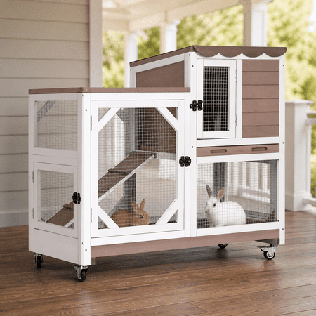 Aivituvin 2-Story Rabbit Hutch with Wheels, Indoor Outdoor Wooden Rabbit Cage with Ramp & Leak-Proof Trays for Rabbits & Guinea Pigs, Brown