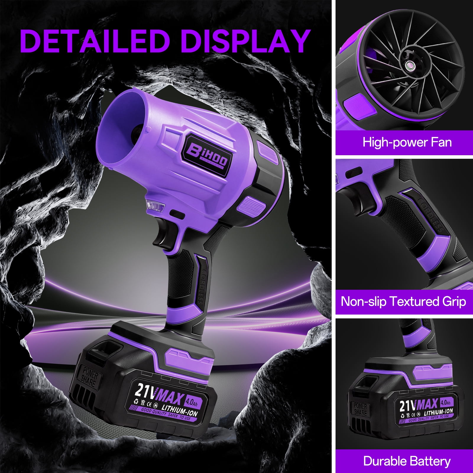 Electric Cordless Leaf Blower, 21VPurple Handheld Blower with 2×4.0Ah Lithium Batteries & Charger, For Lawn, Dust, Leaves, Light Snow, Car Drying
