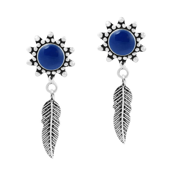 Balinese Rays Dangle Feather Blue Lapis Sterling Silver Post Drop Earrings