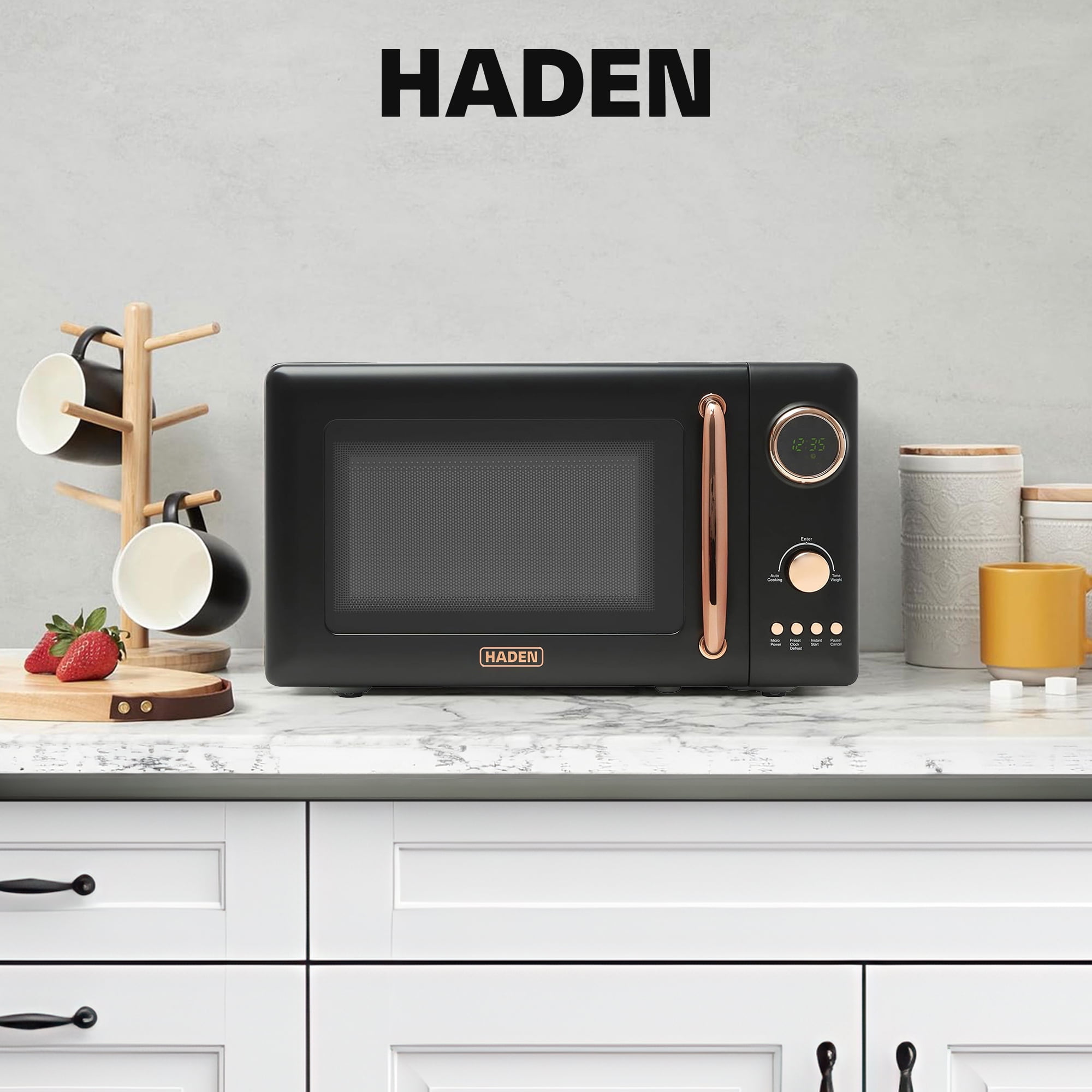 Haden 700W 0.7 Cubic Foot Microwave Oven w/ Digital Controls, Black/Copper