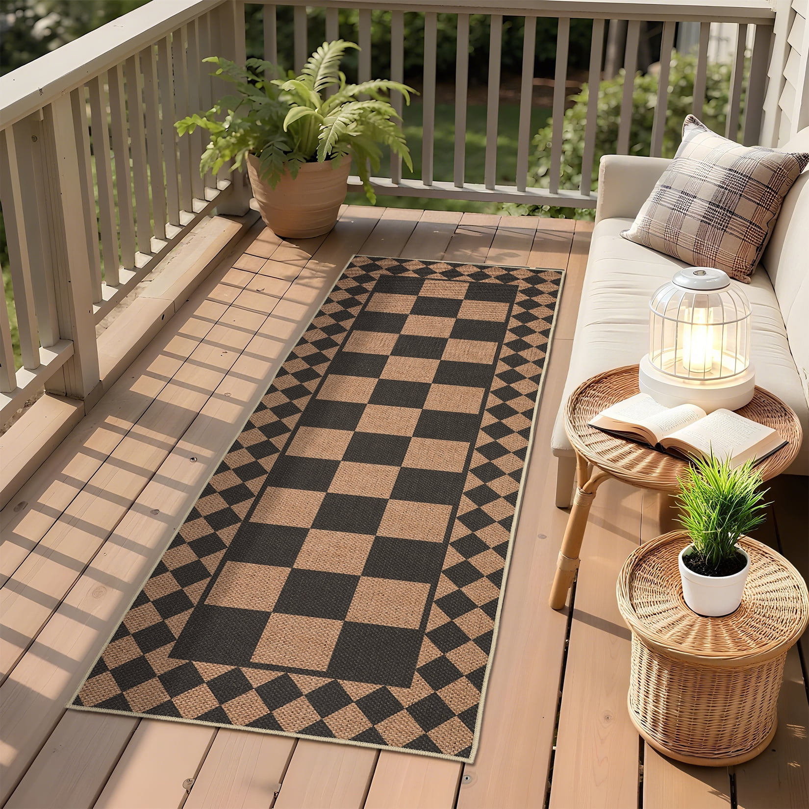 Modern Runner Rug for Hallway 2x6 Checkered Easy Jute Rug with Non-Slip Backing, Stain-Resistant Kitchen Runner, Washable Geometric Indoor Outdoor Rug for Laundry Entryway, Black Brown