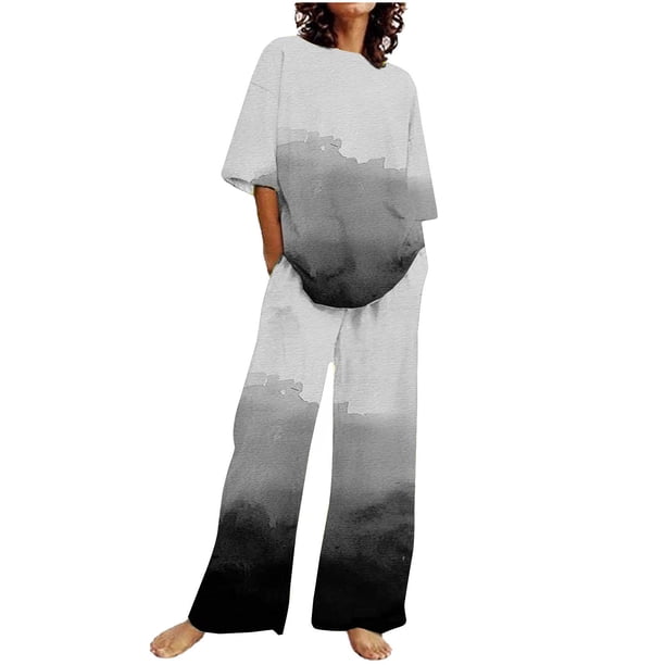 Conjunto Corto para las Mujeres Casual Suelto Encaje Casa Pantalones Impresos Y Blusa de Cuello Redondo de Dos Piezas