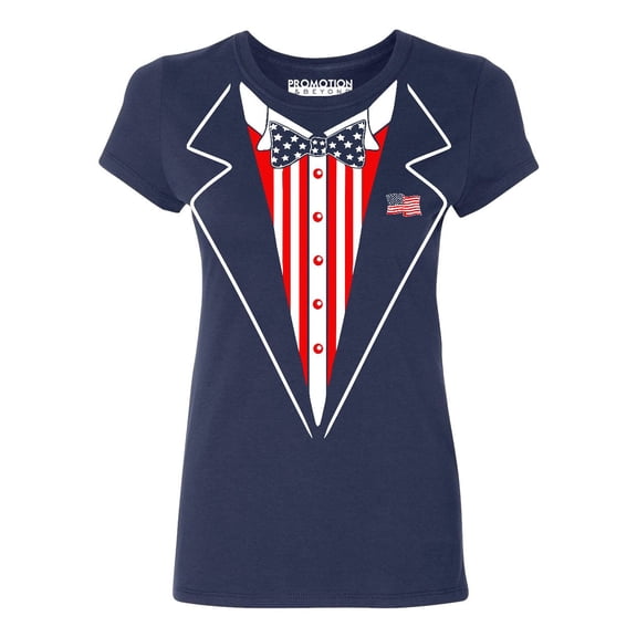 American Flag Bowtie Tuxedo 4th of July Women's T-shirt, S, Navy