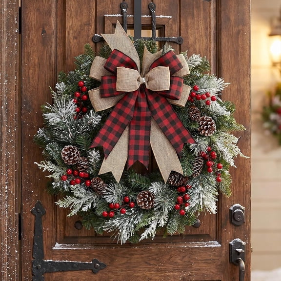 Christmas Wreath Bows, Red Black Buffalo Plaid Bows for Wreath, Rustic Farmhouse Bows for Front Door, Winter Christmas Tree Bows for Indoor Outdoor Xmas Decorations (Red&White)