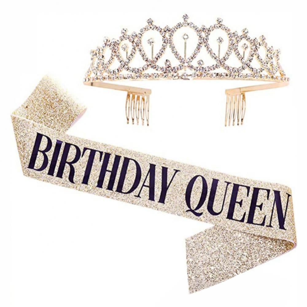 Details about   Women Birthday Accessories Girl's Shoulder Sash Crystal Crown Party Headband Set 