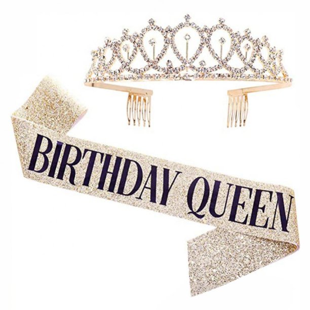 "Birthday Queen"Sash and Rhinestone Crown Set Glitter Gold Fabric