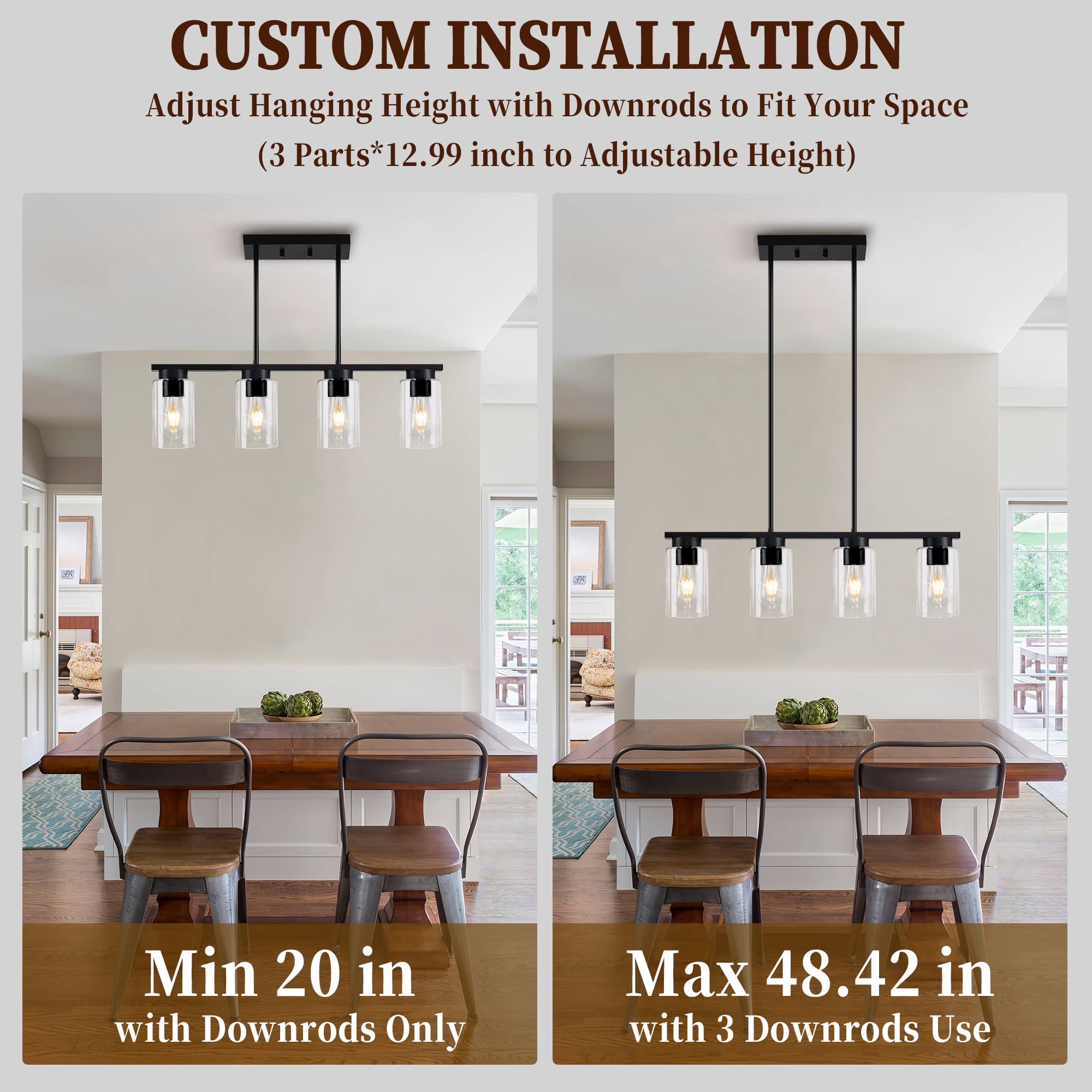 Auffel Pendant Lights Kitchen Island with Clear Glass,4-Light Dining Room Light Fixtures over Table Farmhouse Industrial Linear Chandelier 27 Inch