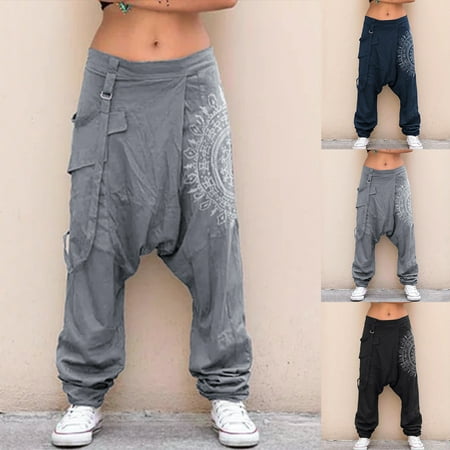 

Taluosi Women Low Rise Drop Crotch Retro Print Saggy Baggy Trousers Loose Harem Pants
