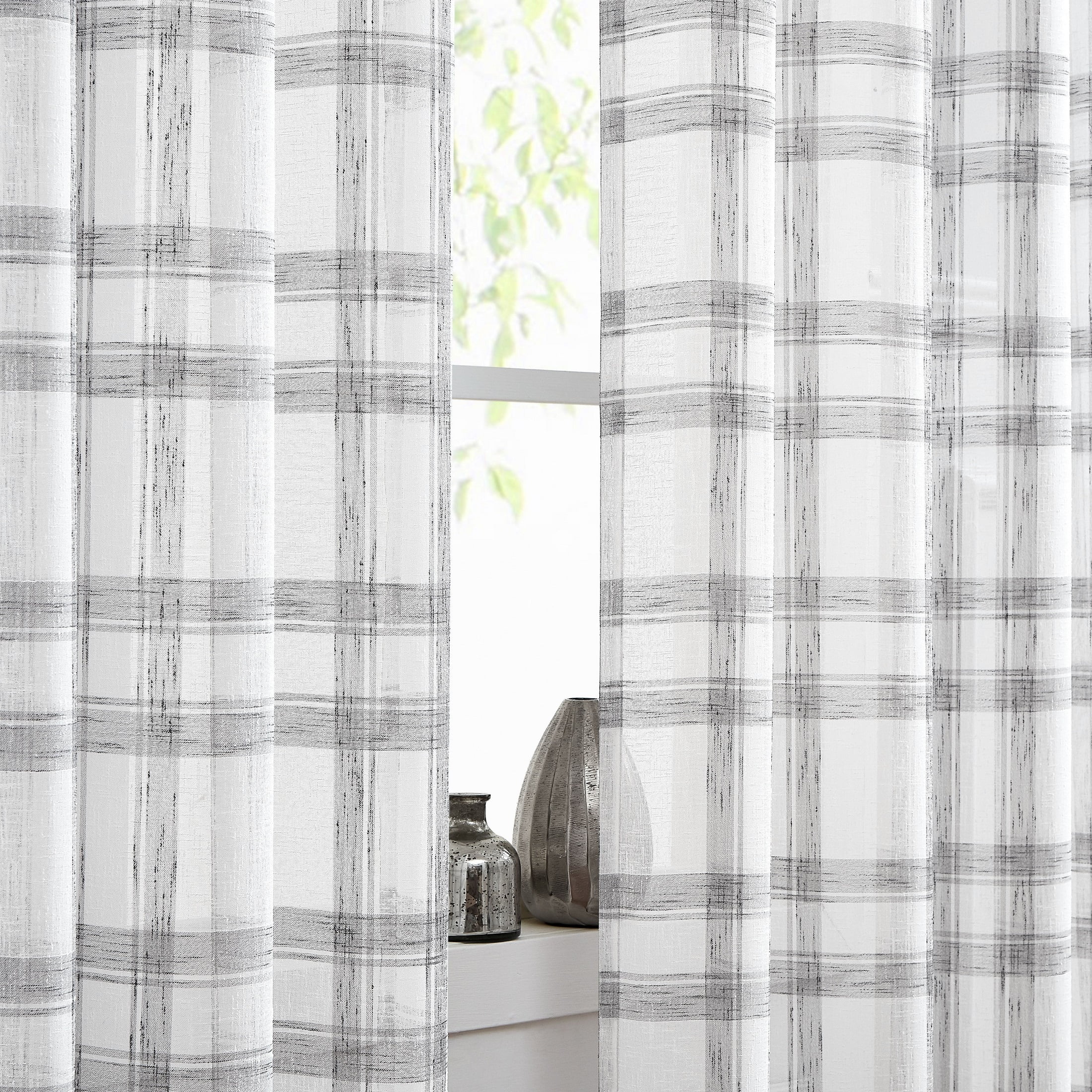 AZZCIA White Gray Plaid Linen Blend Semi Sheer Grommet Curtain Panels, 2 Panels, 54"W x 95"L
