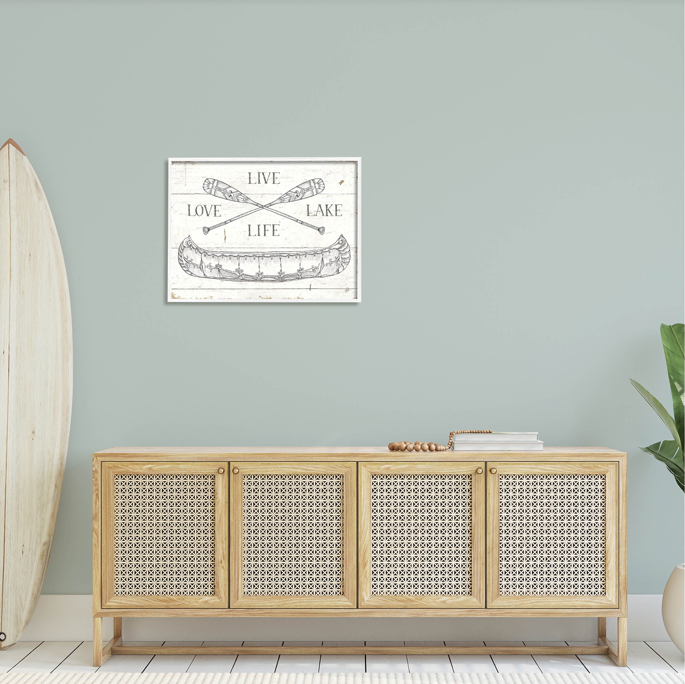 Stupell Industries Live Love Lake Rustic Canoe Oars Graphic Art White Framed Art Print Wall Art, Design by Daphne Brissonnet