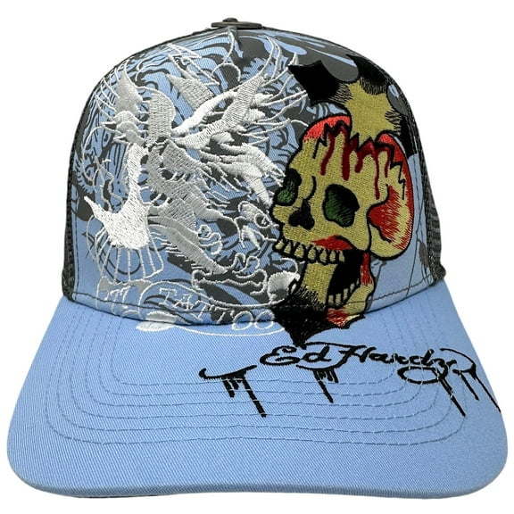 Ed Hardy Trucker Hat Embroidered Tattoo Eagle Skull Blue Sky Mesh Snapback Cap