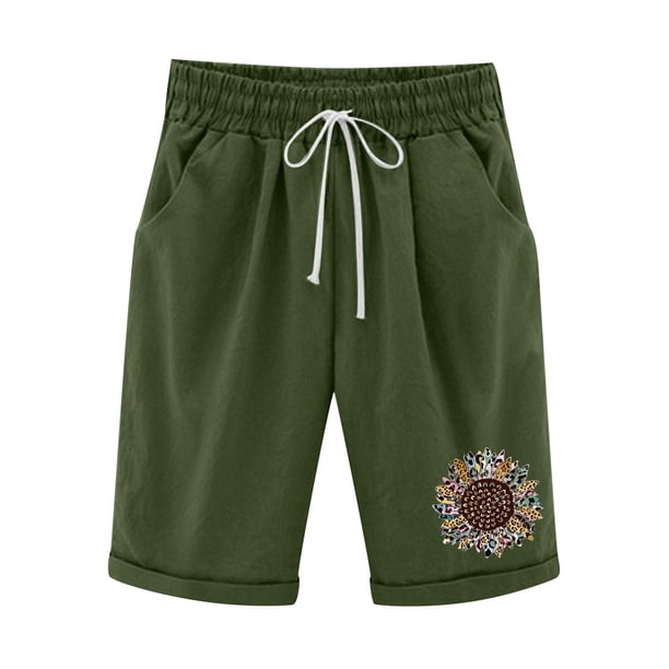 Pantalones casuales de lino y algodón de talla grande con estampado de cinco puntos para mujer Pompotops ulkah938070