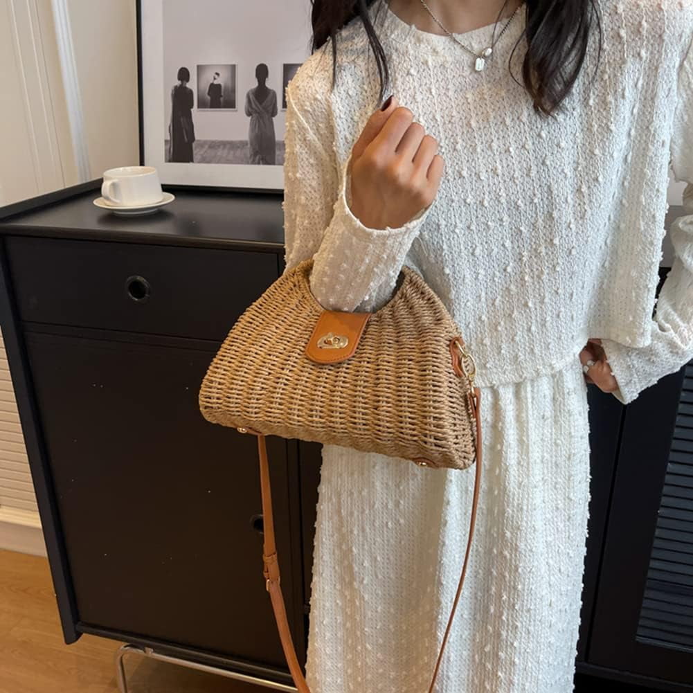 CHUNTIAN Straw Crossbody Bag for Women Woven Beach Tote Purse Mini Straw Shoulder Handbag Rattan Top-Handle Bag for Vacation