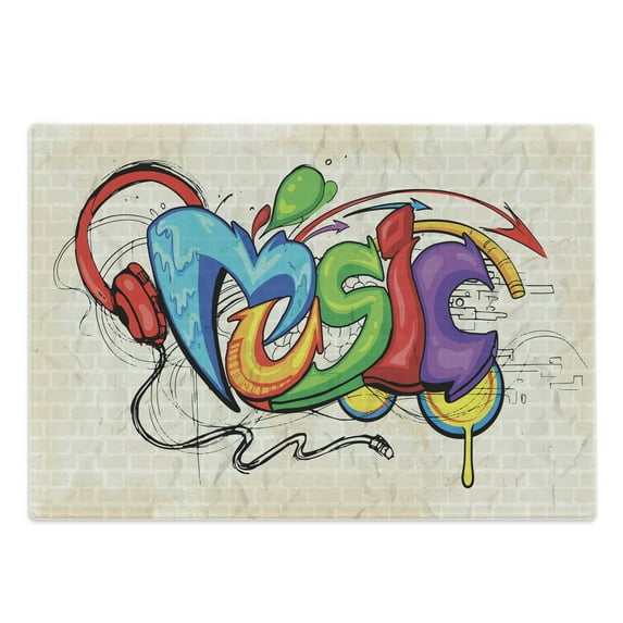 Music Cutting Board, Illustration of Graffiti Style Lettering Headphones Hip Hop Theme on Beige Bricks, Decorative Tempered Glass Cutting and Serving Board, Large Size, Multicolor, by Ambesonne