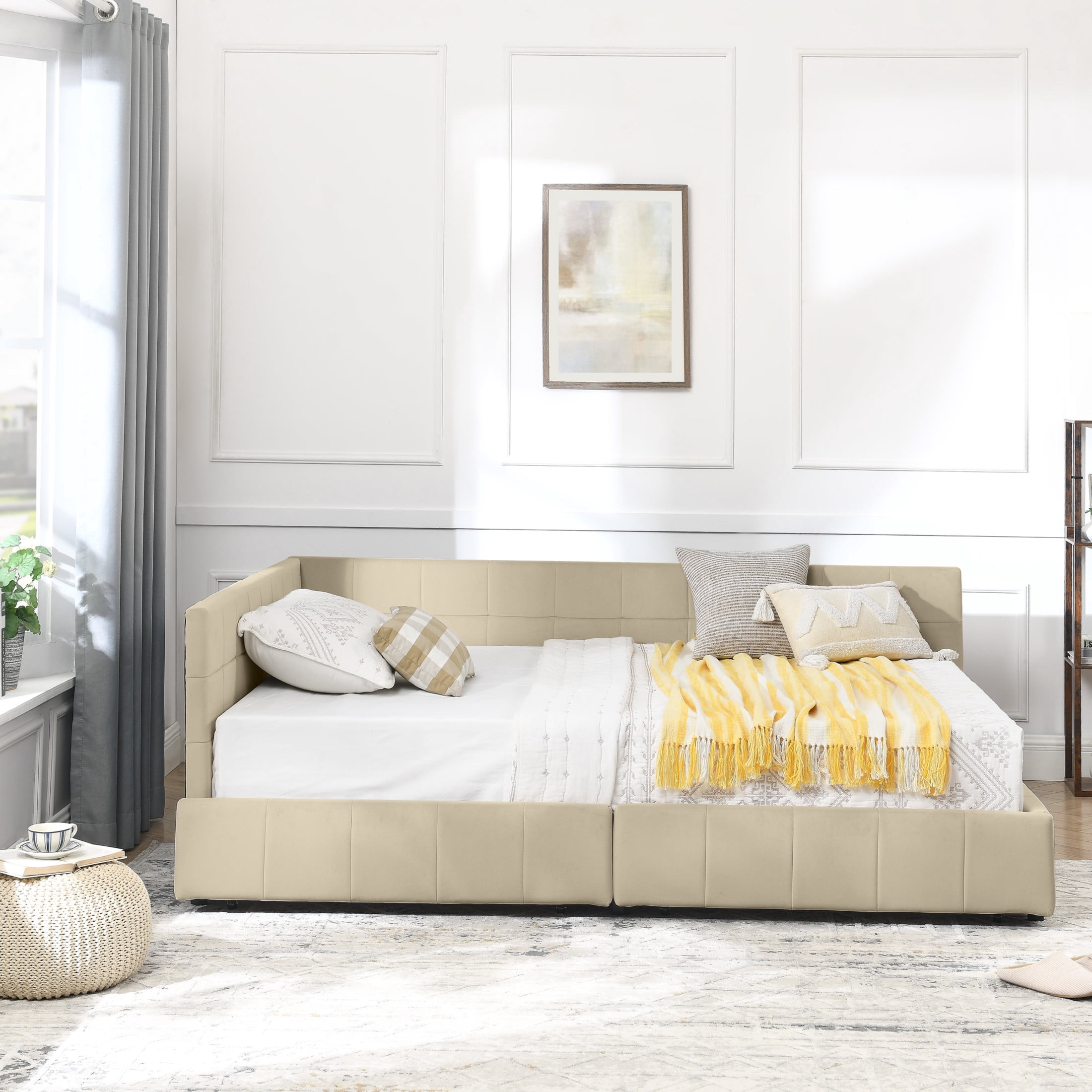 Noble House Carola Full Size Velvet Daybed Frame, Tufted Upholstered Sofa Bed with Underbed Storage Drawers, Beige
