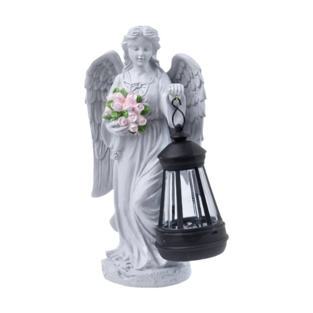 Estatua con Ramo de Flores Y Luz Solar, Escultura de Resina, Decoración Exterior, 14 X 7 X 22,9 Cm, para Escaleras, Piscina, Elegante