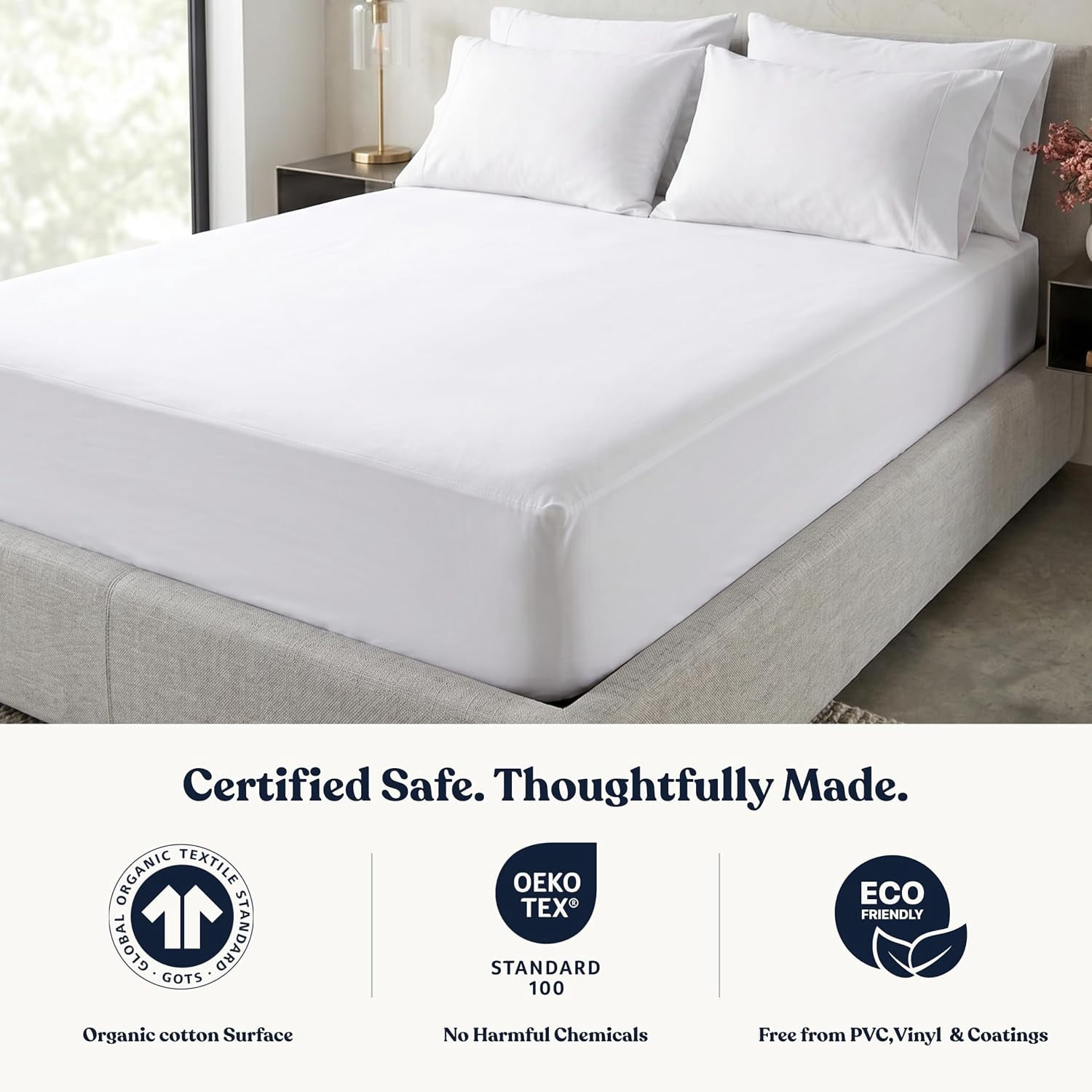 Delara Organic Waterproof Mattress Protector 100% Waterproof TPU Membrane, GOTS Certified Organic Cotton Surface, Noiseless & Breathable, 19" Deep Pocket, Machine Washable - King 78"×80"