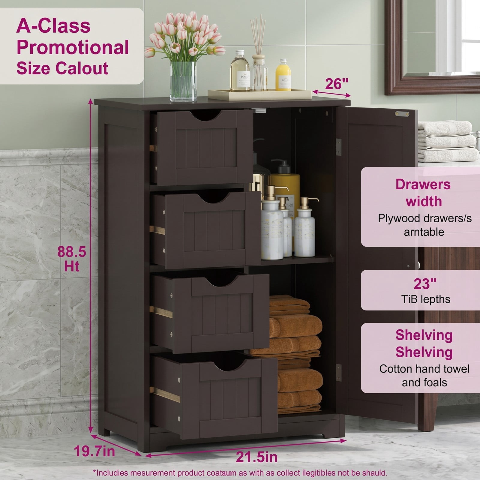 Fenbeli Freestanding Wooden Storage Cabinet with 4 Drawers and Side Door, Modern Bathroom Floor Cabinet Organizer for Living Room Bedroom Entryway, Anti-Tipping, Brown