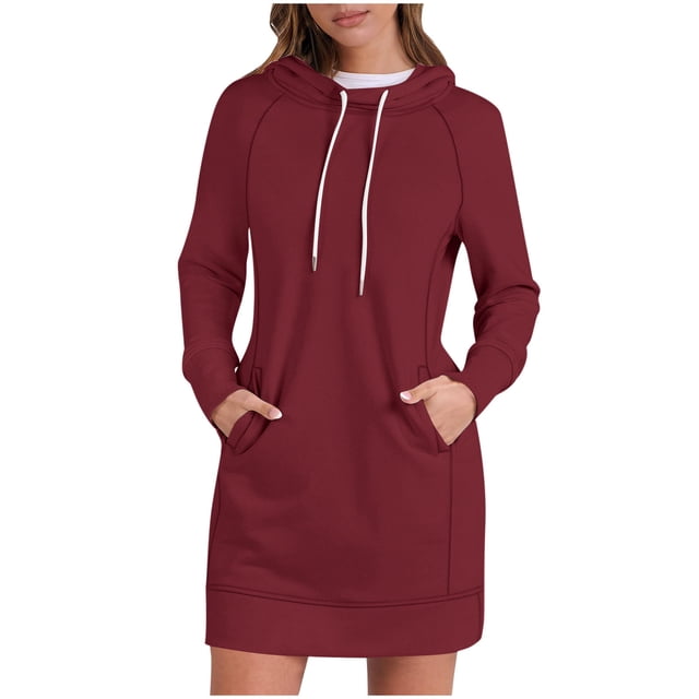 ameIAEA Sweatshirt Dress Women Long Sleeve Hooded Drawstring Solid Color Mini Dress with Pockets