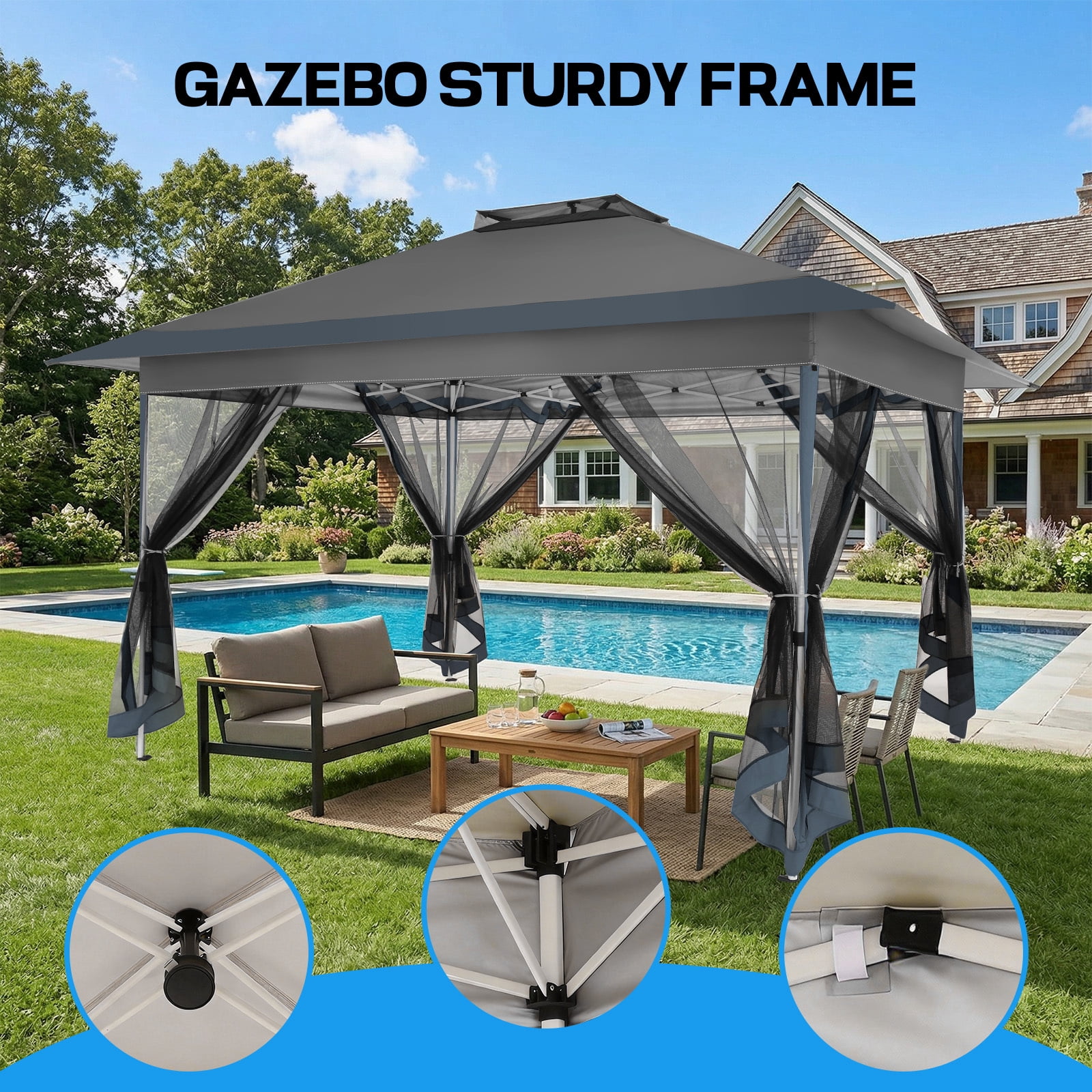 COBIZI 10x15 Pop-Up Gazebo with Mosquito Netting, Outdoor Patio Canopy Tent with 2-Tier Ventilated Roof, 3 Adjustable Heights, Provides 150 Sq Ft Shade, Dark Grey
