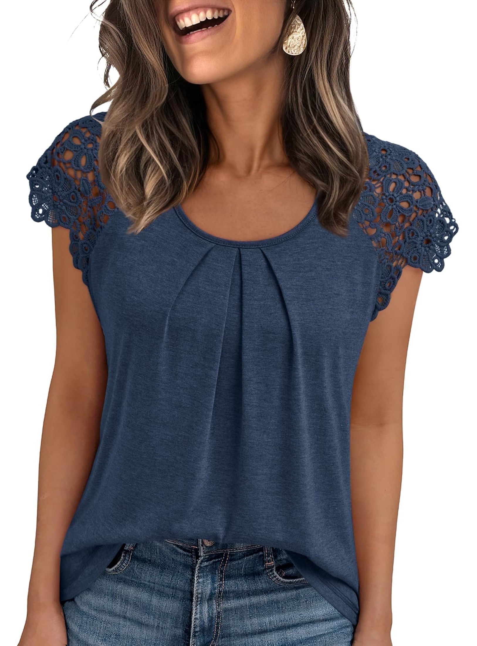 SUNBS Blouses for Women Lace Tops Pleated Short Sleeve Shirts Summer Business Casual Dressy Clothes