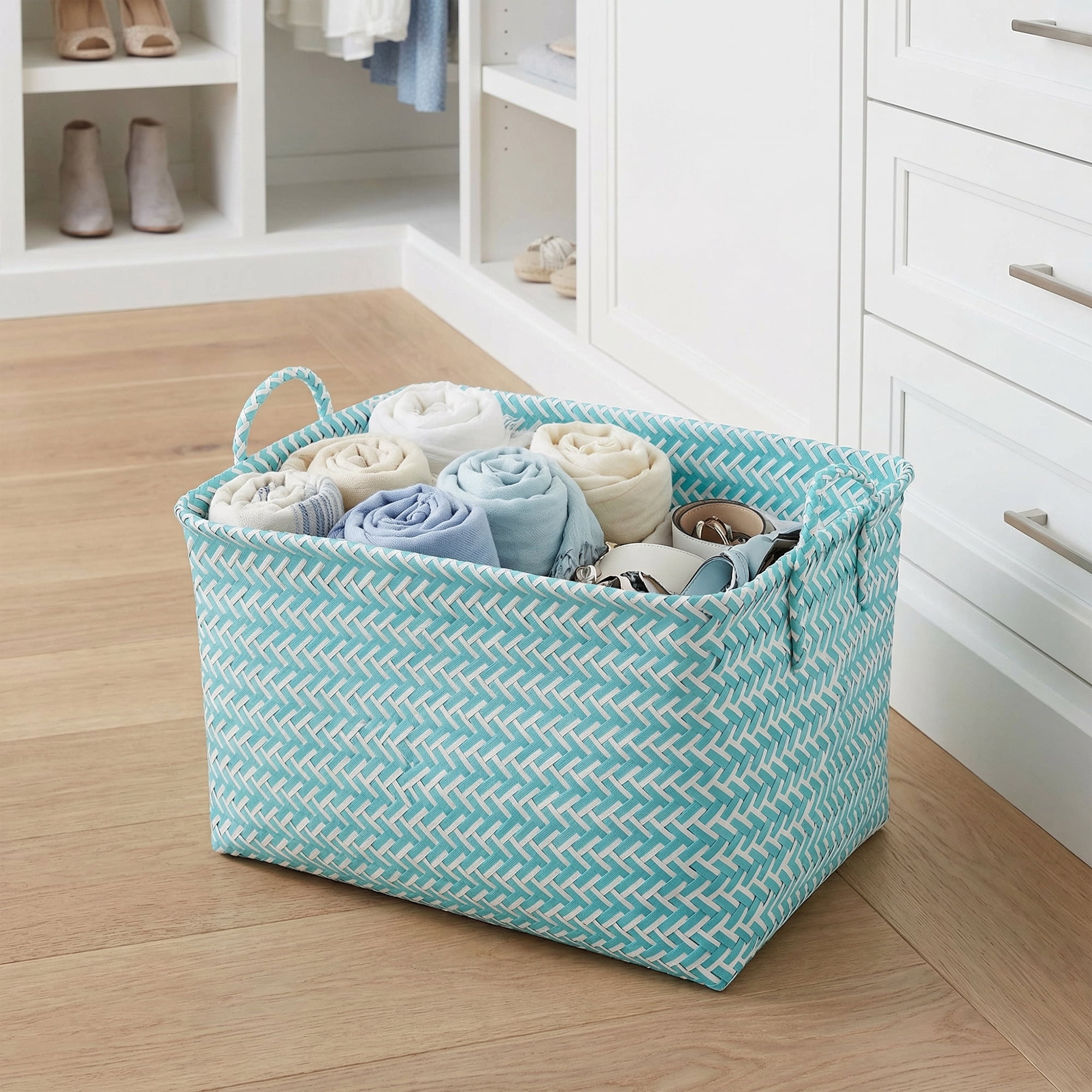Unique Bargains Wicker Shelf Closet Storage Bin for Blankets Blue 17.7" x 13.8" x 9.8"