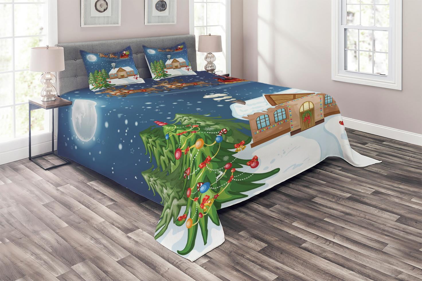 Christmas Coverlet Set Queen Size, Classical Xmas Scenery Santa