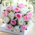 thumbnail image 2 of VerPetridure 18 Artificial Flower Roses Holding Bouquet White + Pink 18Head Artificial Silk Roses Flowers Bridal Bouquet Rose Home Wedding Decor G, 2 of 3
