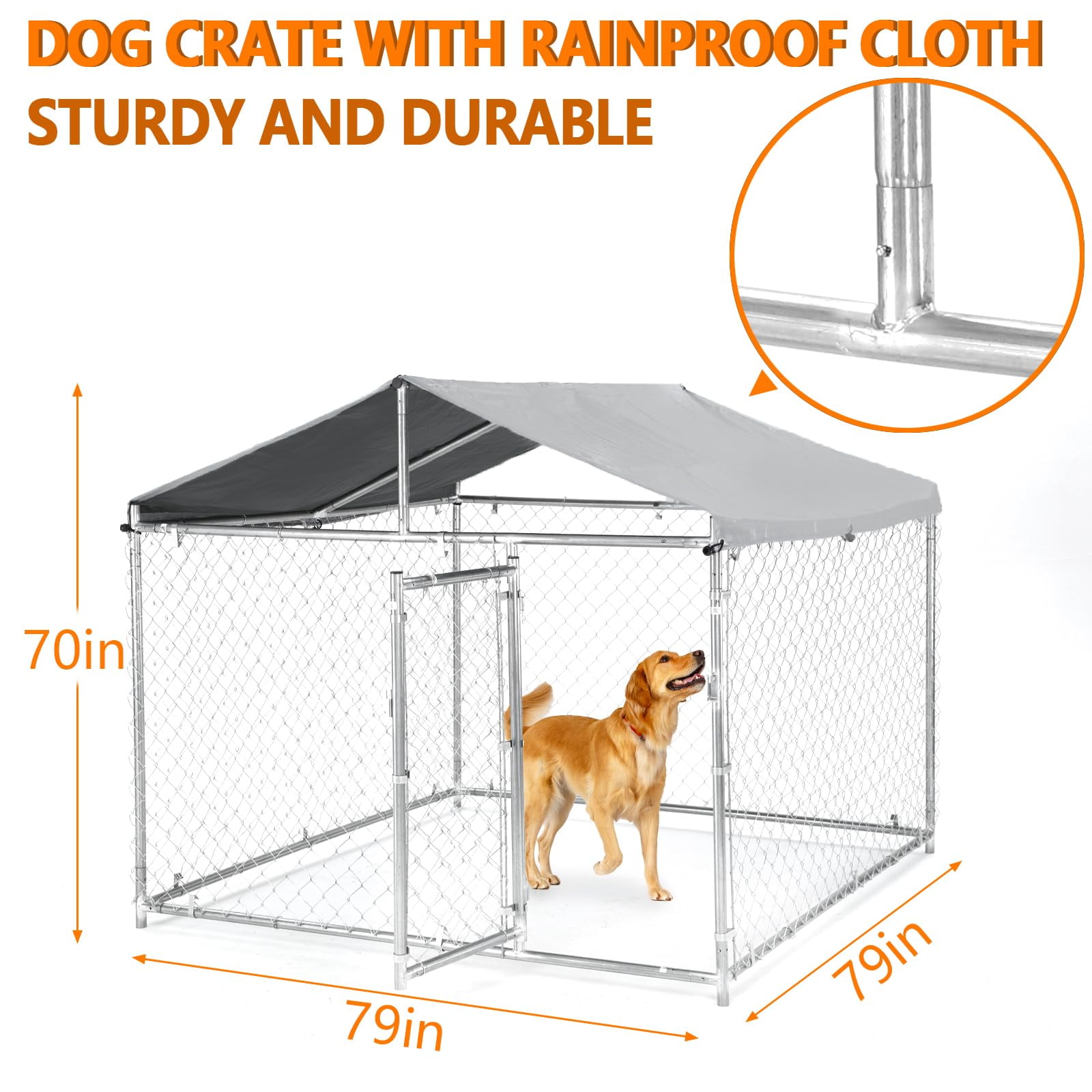 79"*79"*70" Large Metal Dog Kennel, Heavy Duty Outdoor Dog Cage with Roof, Lock, Galvanized Chain Link Crate with Waterproof Cover, for Patio, Yard,