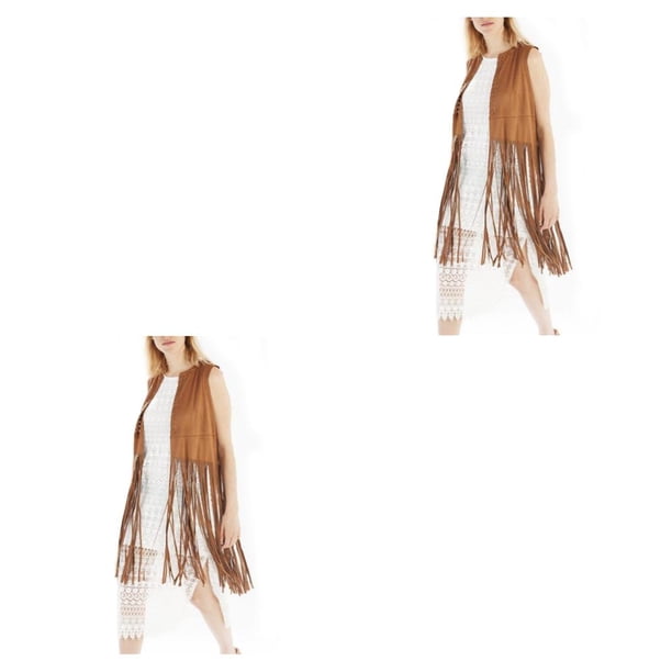 Sonducket Chalecos sin mangas con flecos transpirables de estilo occidental para mujer, chaleco cárdigan de retracción de cintura con diseño camello L 2piezas
